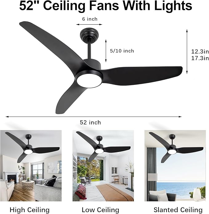 Black Ceiling Fan with Light Remote 52in 6Speed Silent Reversible Motor 3CCT Dimmable LED Adjustable Height Timer Memory Function Modern ABS Blades Vacation Mode flush Mount Indoor Outdoor Use
