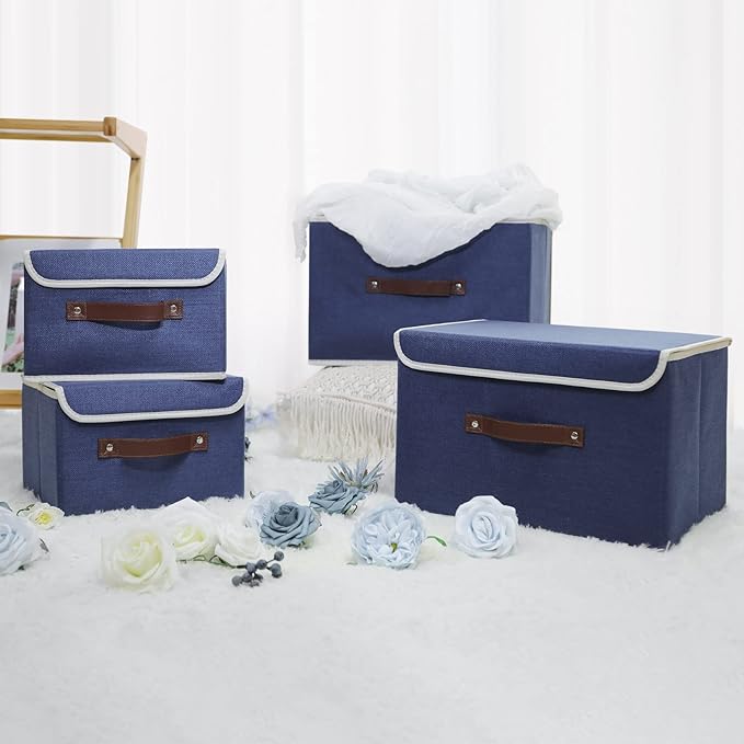 ANMINY Storage Bin with Lid Storage Boxes with PU Leather Handles PP Plastic Board Decorative Foldable Lidded Cotton Linen Fabric Home Cubes Baskets Closet Organizer Container - Blue, Large Size