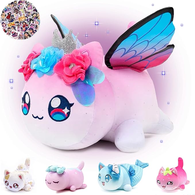 61 PCS 11 inches Fairy Cat Plush + 60 Sticker Cute Kawaii Cat Plush Collection 100% Polyester Plushie Pillow Embroidered Soft Stuffed Animal Collectible (Fairy Cat)