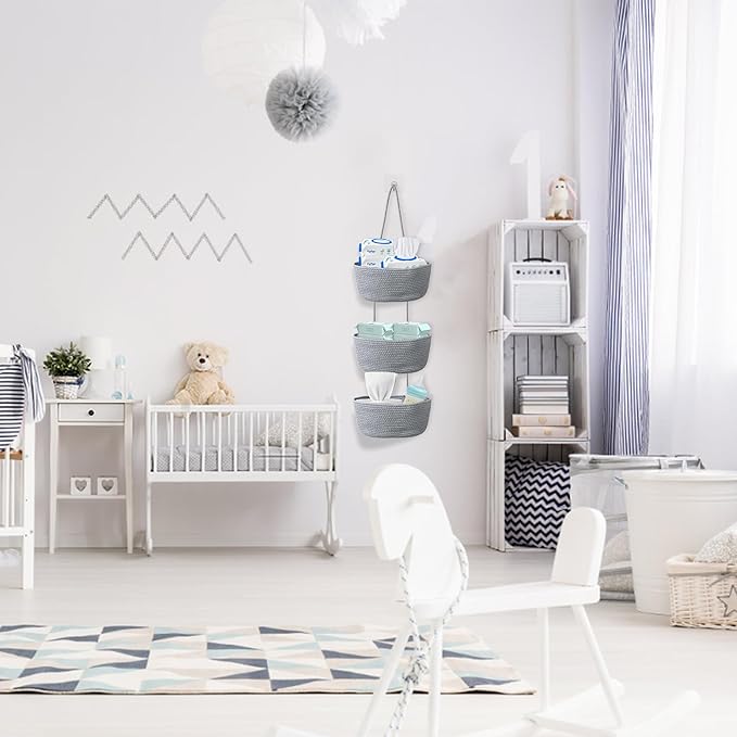 3 Tier Wall Mounted Woven Hanging Basket, Over the Door Hanging Basket with Hooks, Decorative Storage Hanging Closet Removable, Large Wall Basket for Living Room, Bedroom (White & Brown)