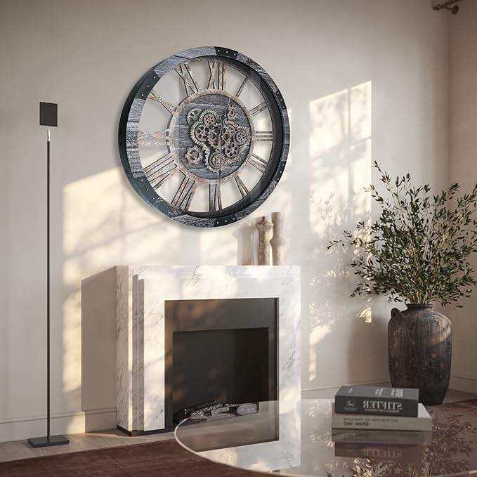 24 Inch Industrial Steampunk Wall Clock, Oversized Solid Wood Frame, Battery Operated, Large Wall Clock with Real Rotating Gears, Gray
