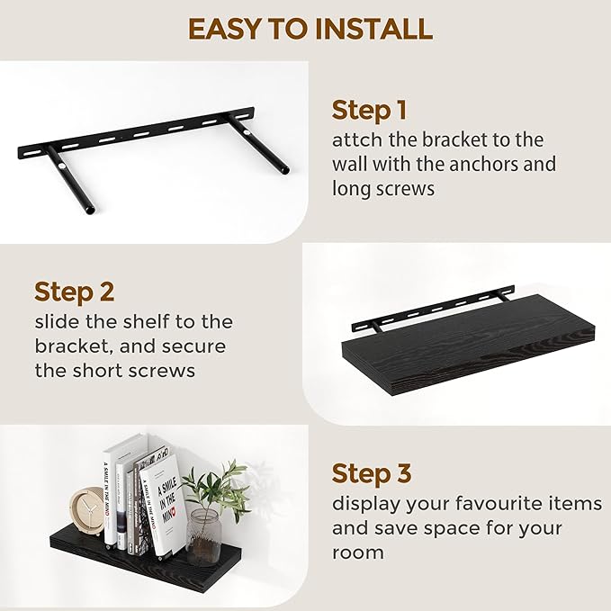 40 Inch Floating Shelves Black, 40" W x 9" D Floating Shelf Set of 2, Farmhouse Wood Wall Shelves for Bedroom, Kitchen, Wall Mounted Deep Shelving for Home Decor