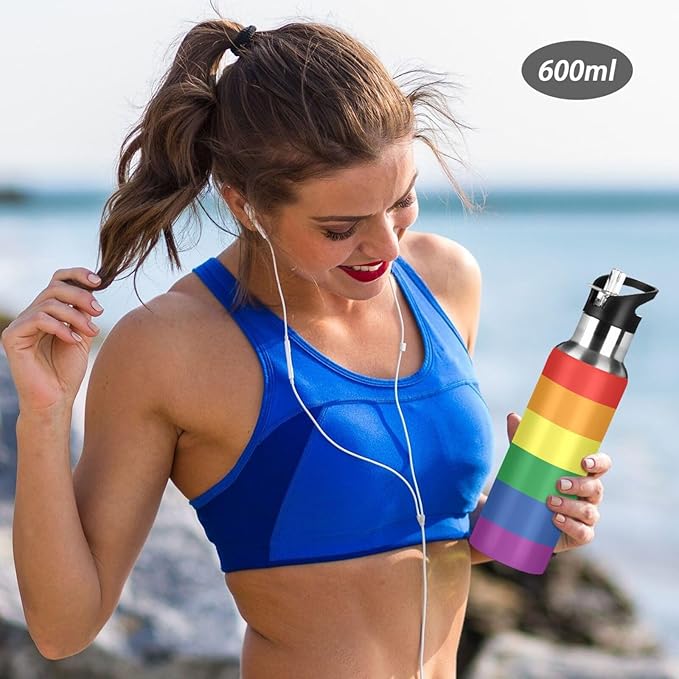 20oz Gay LGBT Rainbow Pride Flag Sports Water Bottle,Double Wall Vacuum Insulated Stainless Steel Lesbian Water Bottle with Straw Keeps Hot& Cold, Bike Running Travel Pride Day Month Gifts
