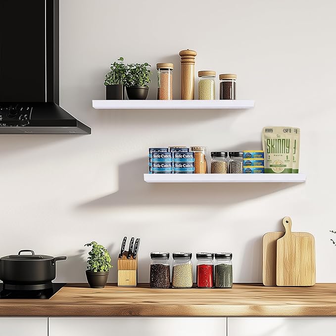 24"x6.8"x1.2" Solid Wood Floating Shelves 2-Pack - Rustic White Finish with Hidden Brackets, Perfect for Storage and Décor in Living Room, Kitchen, Bedroom