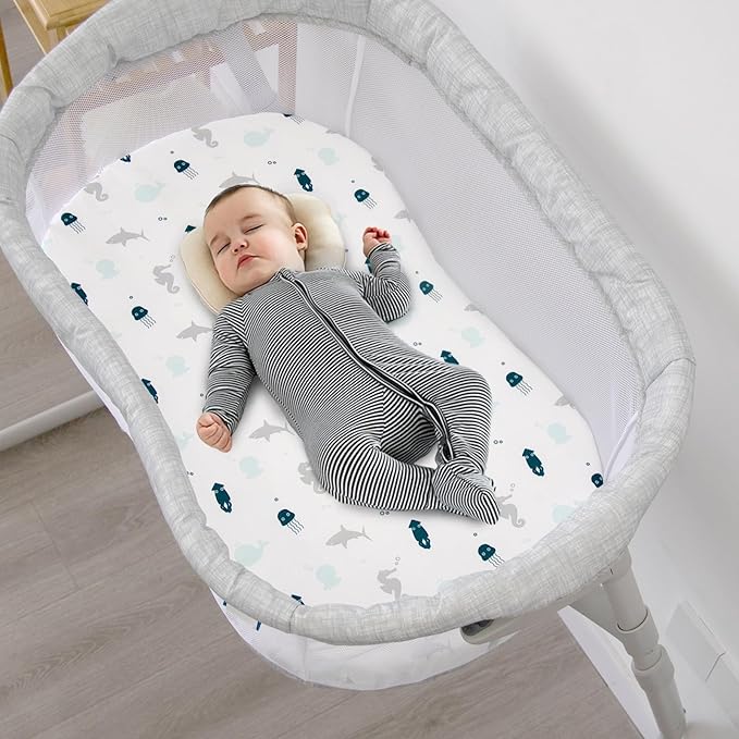 Bassinet Fitted Sheets 4 Pack Compatible with Halo Bassinest Swivel, Flex, Glide, Premiere and Luxe Series Sleeper, Ultra Soft and Skin-Friendly, Aqua Dinosaurs & White Ocean