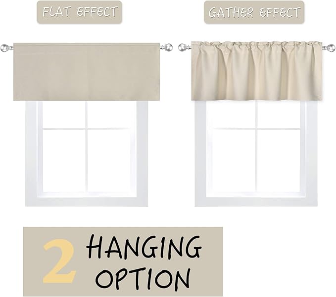 Beige Valance for Windows 72x18 Inch Solid Thermal Insulated Blackout Rod Pocket Kitchen Short Curtain Toppers Valance for Bathroom Living Room 1 Panel