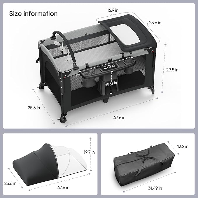 4 in 1 Baby Bassinet, Pack and Play, Bedside Crib Sleeper, Diaper Changer - Comes with Mattress, Mosquito Net,Bottom Storage and Toy Bar for Newborn to Toddles