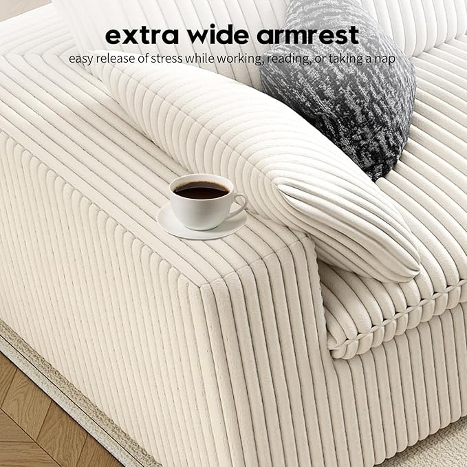 118" Cloud Couch Oversized Modular Sectional Sofa for Living Room,Modern Sofa with Deep Seat,6 Seater Boneless Couch,Comfy Upholstered Corduroy Couches for Apartment, Studio, Office,Bedroom,White