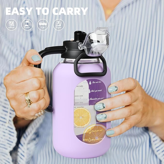 64 oz Glass Water Bolttles Half Gallon Large Motivational Water Bottle with Time Marker Sports Water Bottles with Silicone Sleeve and Handle Lid Water Jug for Gym Workout-1 Pack