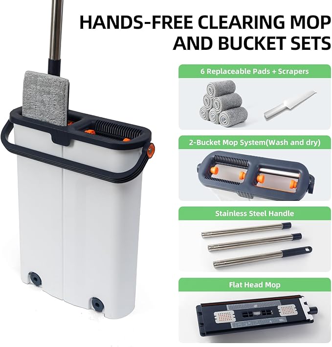 360° Mop and Bucket Set with Wringer – Microfiber Floor Mop System for Home Cleaning – Long Handle, Wash & Dry Dual Tank, Extra Absorbent Pads, Space-Saving Design for Hardwood, Tile & Laminate Floors