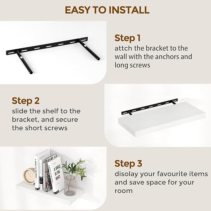 24 Inch Floating Shelves, Rustic 24 x 9 White Floating Shelf for Wall, White Bathroom Shelves Set of 2, Farmhouse Wood Wall Shelf for Bedroom, Kitchen, 9 Inch Deep Shelves for Home Storage