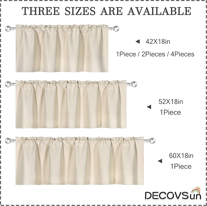 Beige Valance for Windows 60x18 Inch Solid Thermal Insulated Blackout Rod Pocket Kitchen Short Curtain Toppers Valance for Bathroom Living Room 1 Panel