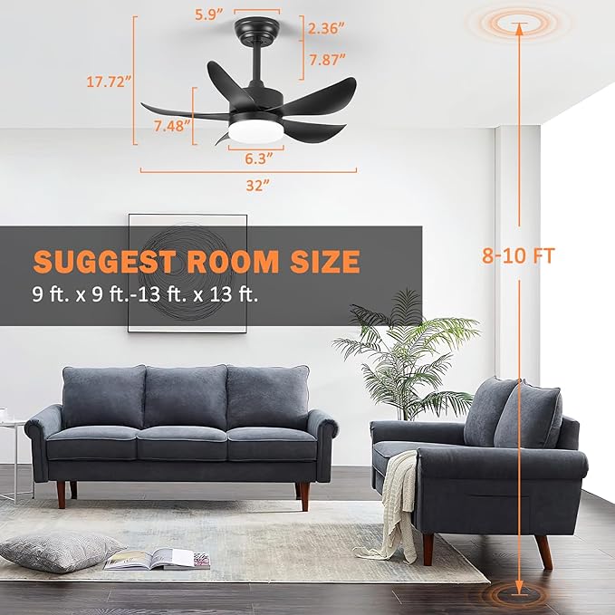 Black Ceiling Fans with Lights, 32" Dimmable LED Ceiling Fan with Light and Remote, Modern Ceiling Fans for Bedroom Kitchen Patio, Memory & Night Light, Quiet DC Motor, Reversible