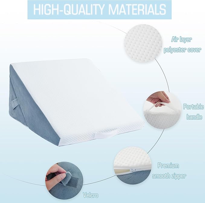 Bed Wedge Pillow for Sleeping, 9 & 12 Inch Adjustable Wedge Pillow for Back Pain Relief, 7-in-1 Cooling Memory Foam Triangle Pillow Wedge for After Surgery, Acid Reflux, Gerd, Snoring