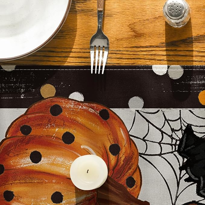 Artoid Mode Jack-O'-Lantern Pumpkin Ghost Spider Web Halloween Table Runner,Holiday Kitchen Dining Table Decoration for Home Party Decor 13 x 60 Inch