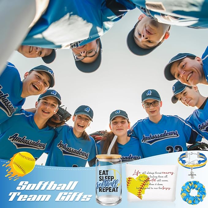 4 Pcs Softball Gifts Softball Glass Cup 16oz Softball Water Bottles Inspirational Softball Theme Makeup Bag Softball Bracelet Elastic Softball Scrunchies Softball Accessories for Girls Back to School