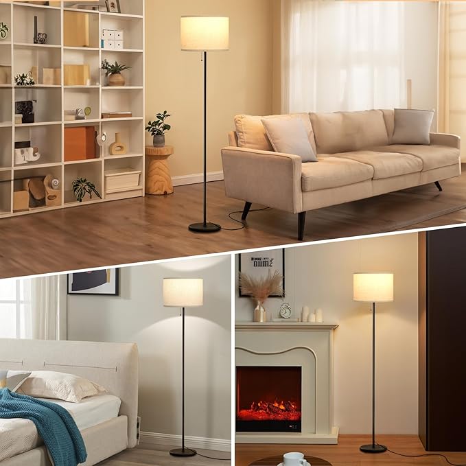 Ambimall Modern Standing Floor Lamp for Living Room & Bedroom with 3 Color Temperatures Bulb & Pull Chain Switch, 60" Tall with Beige Shade & Black Pole