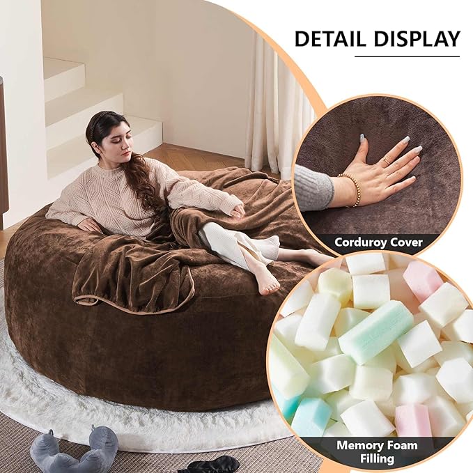 6FT,Oversized Bean Bag Chairs for Adults,Giant beanbag with Filler Included,Fluffy Memory Foam,Soft and Comfy Corduroy Fabric,Gaming Chairs Suitable for Living Room and Bedroom (Coffee Color, 6 Foot)