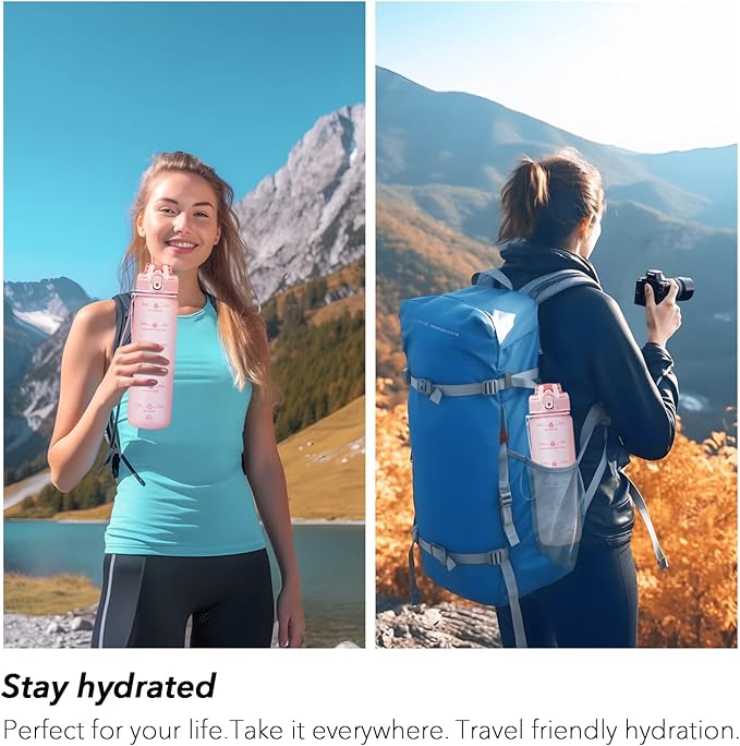 32oz Motivational Water Bottles with Time Marker & Fruit Strainer, Transparent Gradient Color Water Bottle with Times to Drink, Leakproof & BPA Free, Reusable Bottle with Strap (No Straw)