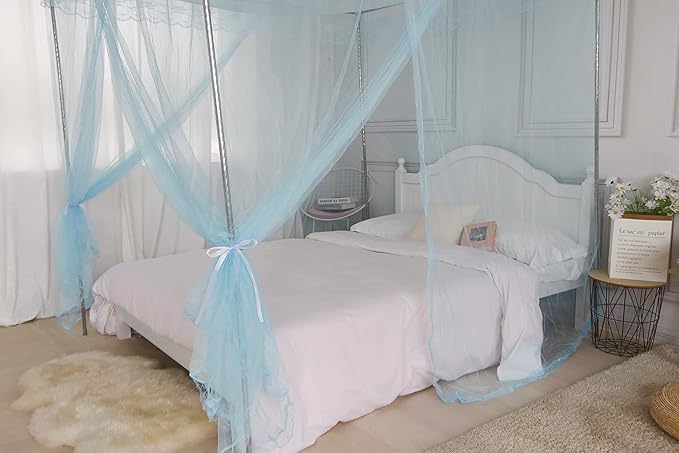 Bed Canopy, Princess Bed Curtain Net for Girls & Adults, Three-Doors Rectangular Lace Dome Netting (Blue, King)