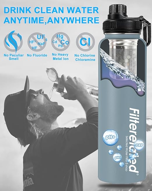 30oz Stainless Steel Portable Alkaline Filter Water Bottle, Creates Up To 9+ Ph Of Quality Water, Sports Travel Water Bottle, Removes Water Impurities(grey)