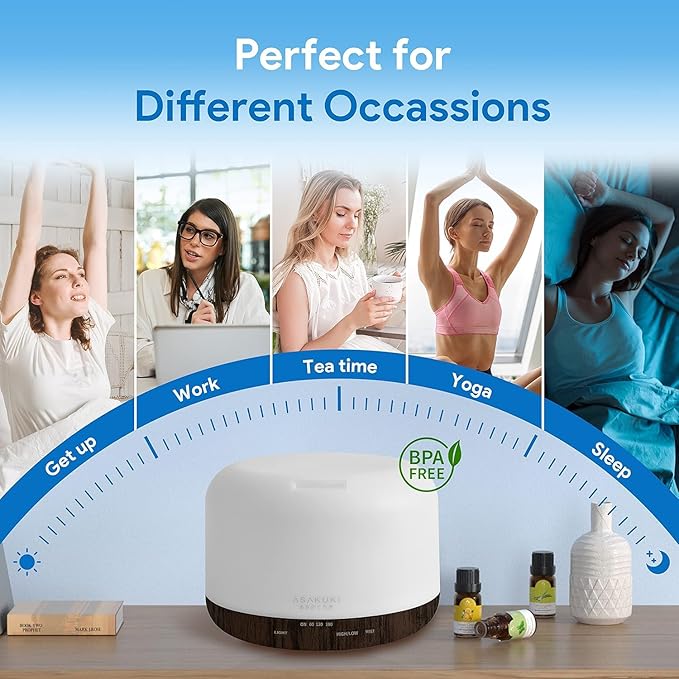 ASAKUKI 500ml Premium, Essential Oil Diffuser with Remote Control, 5 in 1 Ultrasonic Aromatherapy Fragrant Oil Humidifier Vaporizer, Timer and Auto-Off Switch Brown