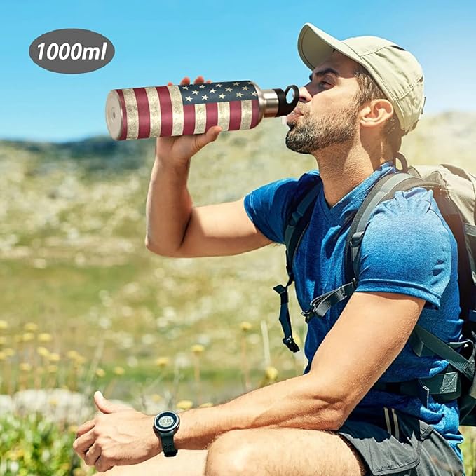 Blueangle 32oz Vintage American Flag Water Bottle, BPA Free Stainless Steel Water Bottle Leak-Proof Sports Bottle for Camping Workouts Gym and Outdoor Activity