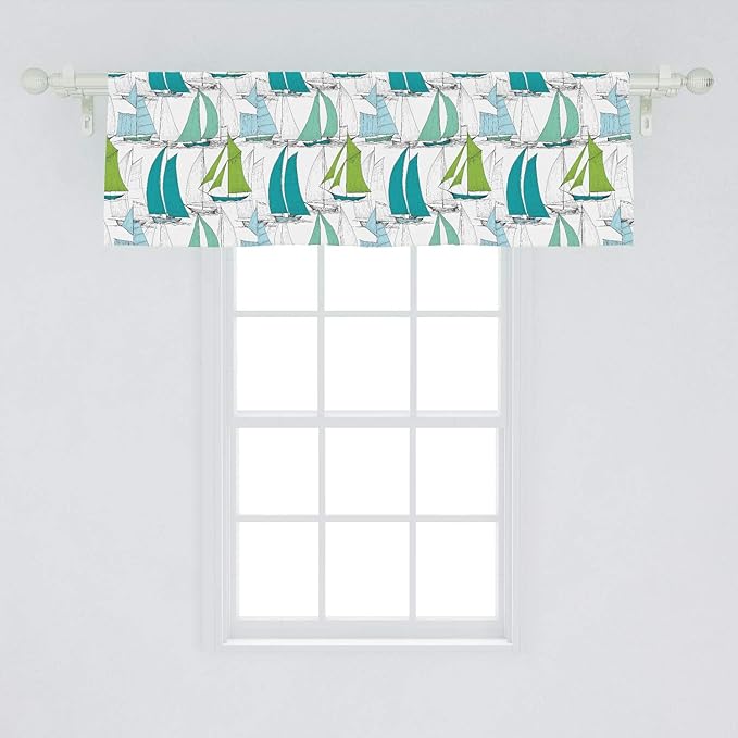 Ambesonne Nautical Window Valance, Sailing Boats on The Ocean Surfing Coastal Theme Marine Life Colorful Maritime, Curtain Valance for Kitchen Bedroom Decor with Rod Pocket, 54" X 18", Teal Green