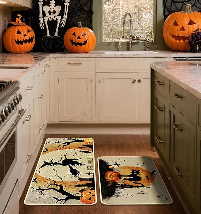 Halloween Kitchen Mat Set of 2, Spooky Witch Pumpkin Cat Halloween Kitchen Decor, Halloween Rug for Floor, Indoor Spooky Home Decor with Non-Slip Backing,17 x 29 Inch & 17 x 47 Inch