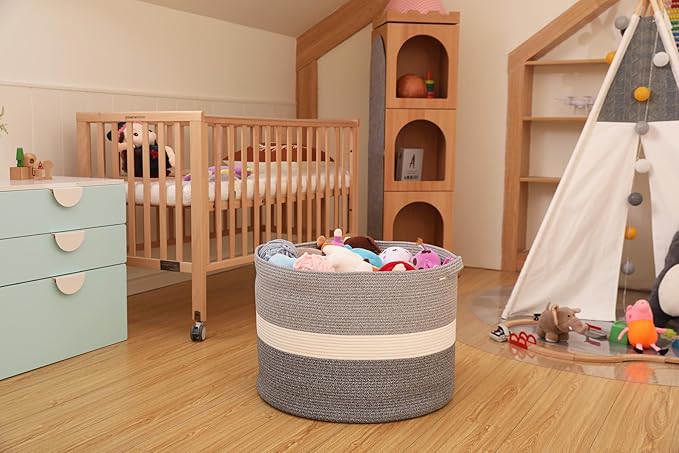 24" x 24" x 17" Mega Size Extra Large Storage Basket, Cotton Rope Storage Baskets, Woven Hamper, Cloth Storage Bin, for Clothes Blanket, Dual Grey