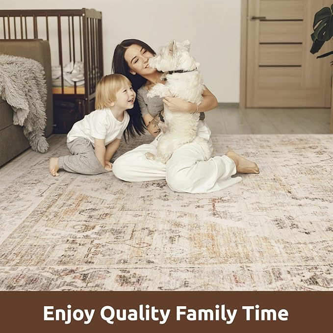 AMOAMI-3X5 Area Rug-Soft Washable Vintage Throw Accent Rugs for Living Room, Entryway, Bedroom, Kitchen, Bathroom, Laundry Room, Kitchen, Bathroom, Bedside, No Slip Beige