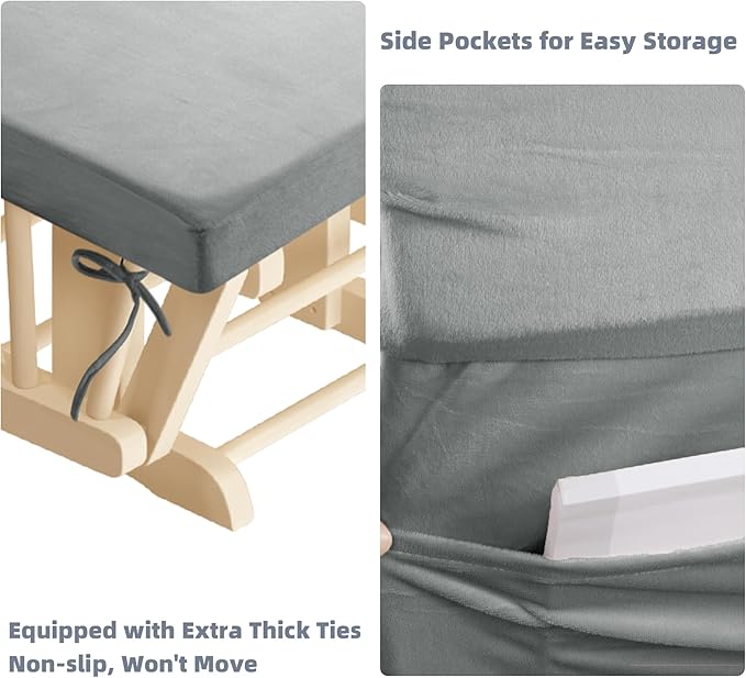 5 PCS Velvet Glider Rocker Replacement Cushions with Side Storage Pocket, Thickened & Supportive Cushions Set for Indoor Nursery Rocking Chair, Llight Grey