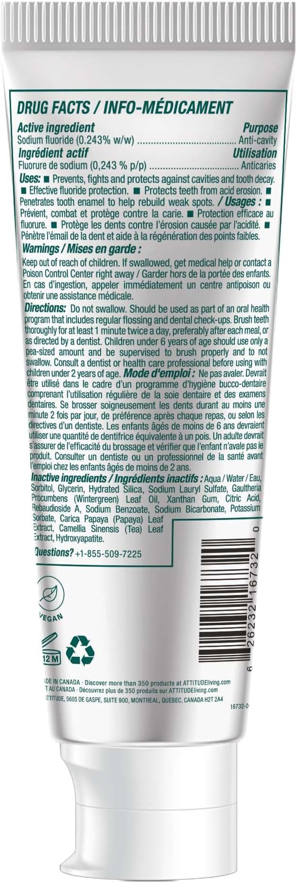 ATTITUDE Complete Care Toothpaste with Fluoride, Spearmint Flavor, Vegan & Cruelty-Free, Sugar-Free, Plant & Mineral-Based Ingredients, Clean Oral Care, 4.2 Oz