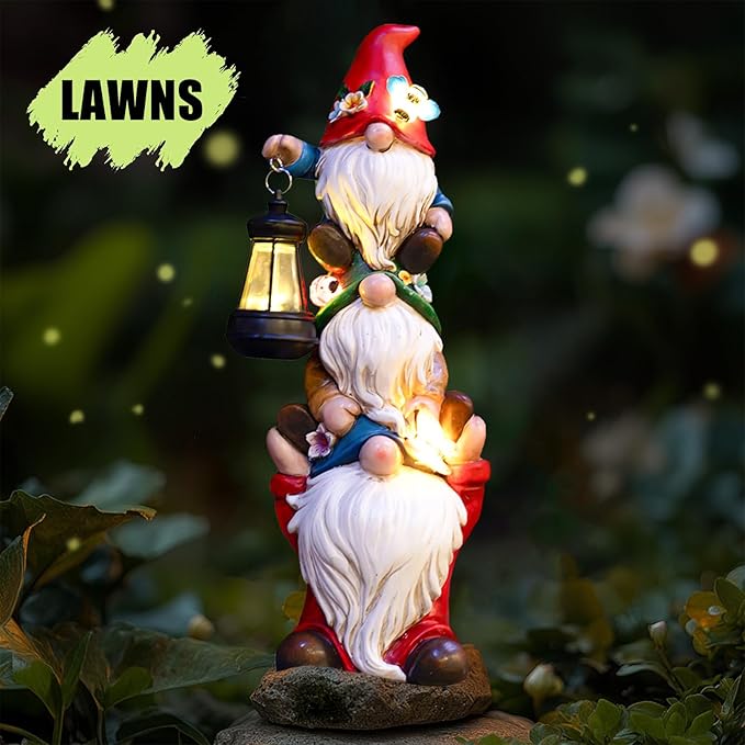 17 in Large Garden Gnome Statue with Solar Lights Sculptures Funny Triple Big Gnome Outdoor Patio Lawn Yard Balcony Garden Home Decor Gifts for Women Mom