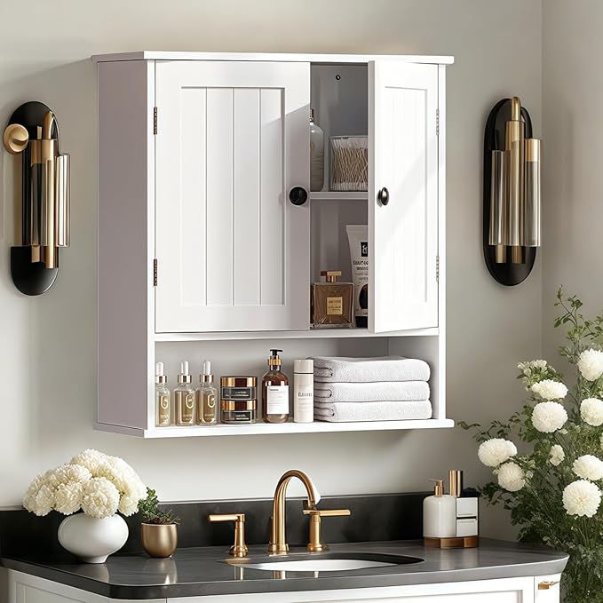 Bathroom Cabinet Wall-Mounted, White Storage Cabinets with Adjustable Shelves, Space-Saving Organizer with 2 Doors for Bathroom, Laundry, Kitchen - Moisture Resistant & Easy Install