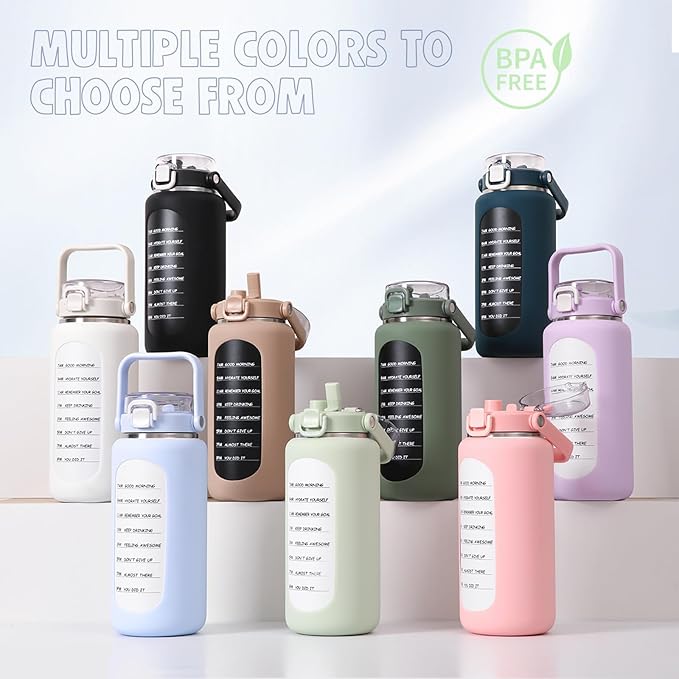 BLUEGO 64oz Insulated Water Bottle with Straw and Handle Leakproof Half Gallon Wide Mouth Motivational Water Bottle, 2-IN-1 Straw Spout Lid Stainless Steel Water Jug for Sport Travel Gym-Purple