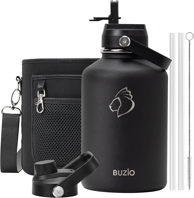 BUZIO 64oz Insulated Water Bottle, Half Gallon Stainless Steel Water Jug with Straw Lid and Carrying Pouch, Keep Cold 48H Double Wall Vacuum Lead-Free Metal Drinking Flask for Gym Beach, Black