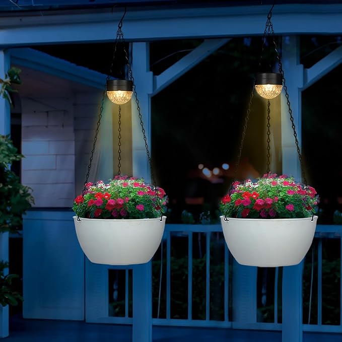 2 Packs Hanging Planters Basket for Outdoor Plants, Solar Powered Self Watering White Round Plastic Flower Pots with Drainer for Balcony Patio Garden Outdoor Decoration