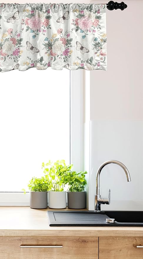 Ambesonne Shabby Flora Window Valance, Peonies Peas Roses Bouquet Butterflies Pastel Tones Bridal Theme, Curtain Valance for Kitchen Bedroom Decor with Rod Pocket, 42" x 18", Pale Pink Green
