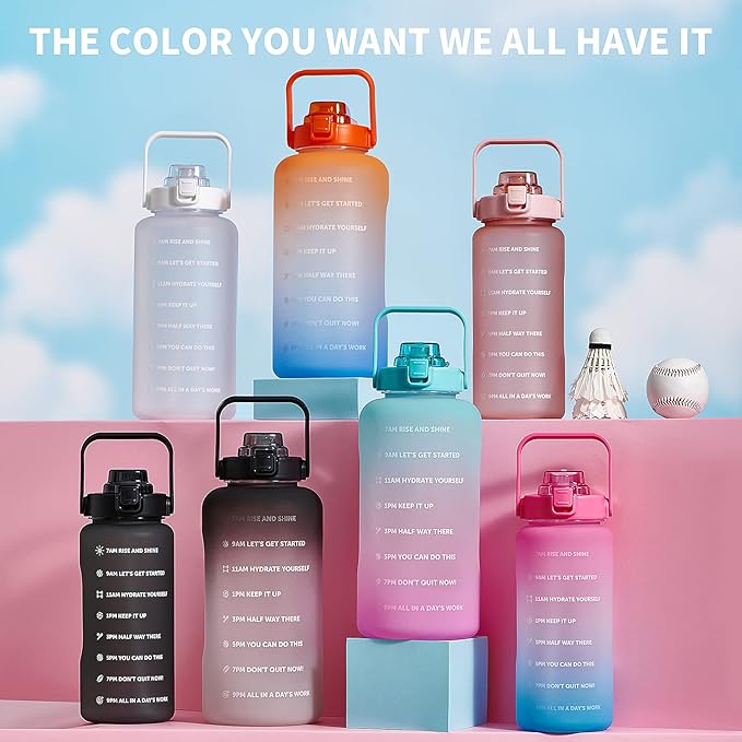 64oz,100oz,128oz Large Motivational Water Bottle with Time Marker, Leakproof & BPA Free Half Gallon Big Water Bottle with Straw Handle Tritan Frosted Water Jug for Gym,Fitness,Outdoor Sports