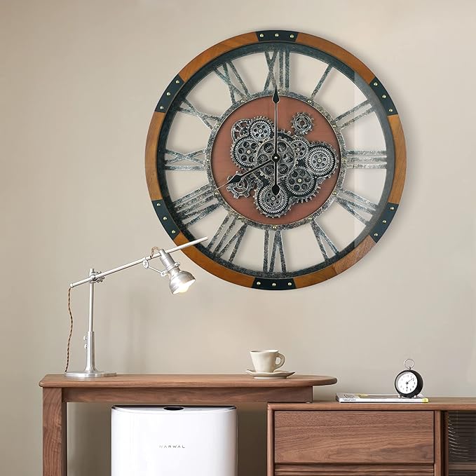 24 Inch Moving Gear Wall Clock, Oversized Wall Clocks, Clock Living Room Decor, Solid Wood Frame, Battery Operated, Large Wall Clock with Steampunk Industrial for Fireplace(Machilus)