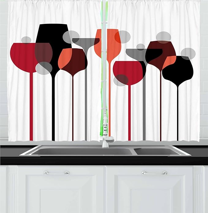 Ambesonne Wine Kitchen Curtains, Abstract Wine Glasses Silhouettes with Dots Alcohol Drink Modern, Window Drapes 2 Panel Set for Kitchen Cafe Decor, 55" x 24", Black Grey