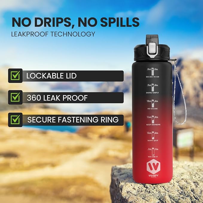 1L Water Bottle with Straw - Leak-Proof & BPA Free Reusable Sports Bottle - Motivational Time Markings for Hydration Durable Drink Bottle for Gym, Sports, Outdoor (Black and Red)