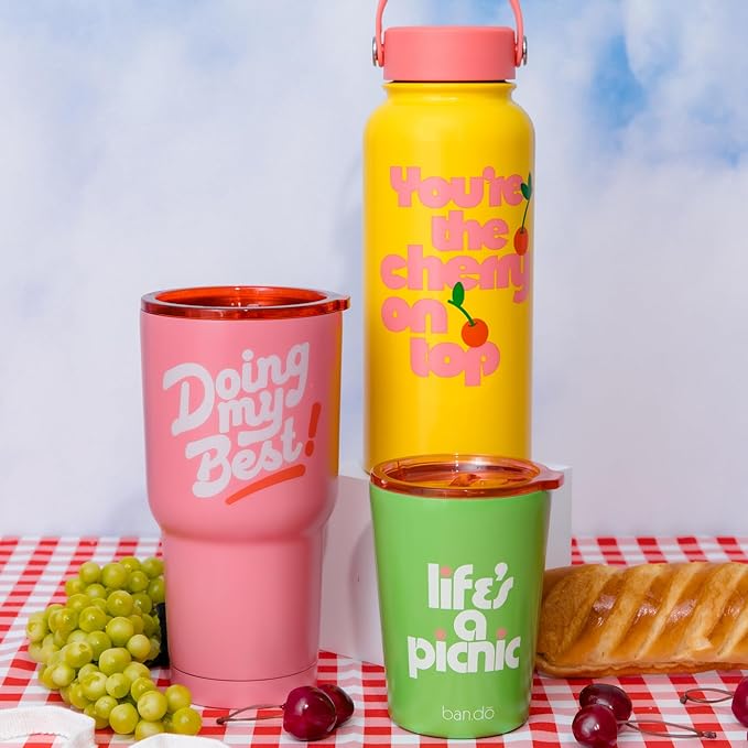 ban.do Large Water Bottle with Waterproof Sticker Pack, Stainless Steel Double Wall Tumbler, 33 Oz Insulated Metal Water Bottle with Twist on Lid and Strap (Cherry on Top)