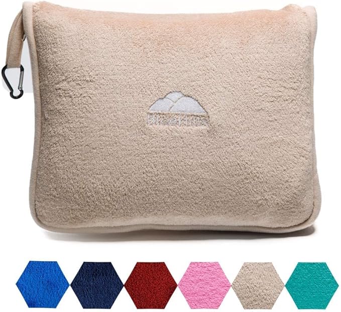BlueHills Premium Soft Travel Blanket Pillow Airplane Blanket Packed in Soft Bag Pillowcase with Hand Luggage Belt and Backpack Clip, Compact Pack Large Blanket for Any Travel (Beige T005)