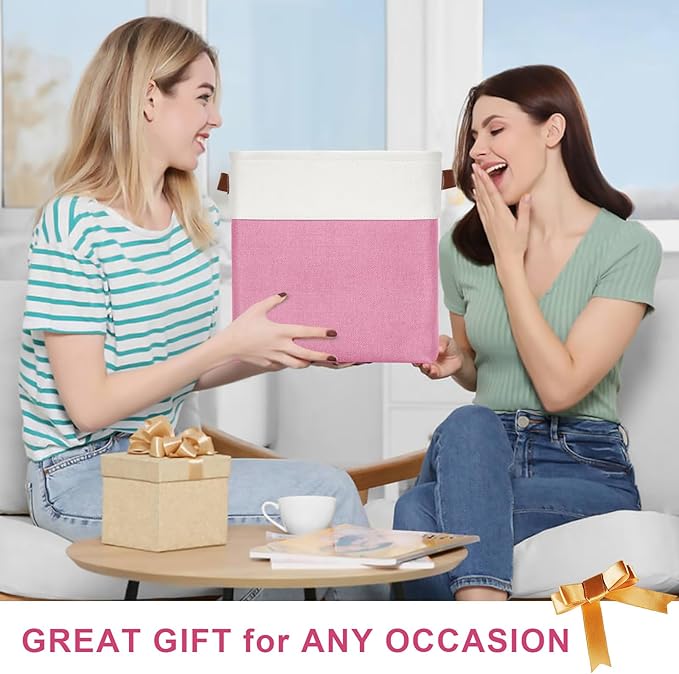 13x13 Cube Storage Bins, Collapsible Fabric Storage Box, 4 Pack Closet Baskets with Handles for Organizing, Shelf, Toys, Clothes, Home, Office, Nursery (Pink&White)