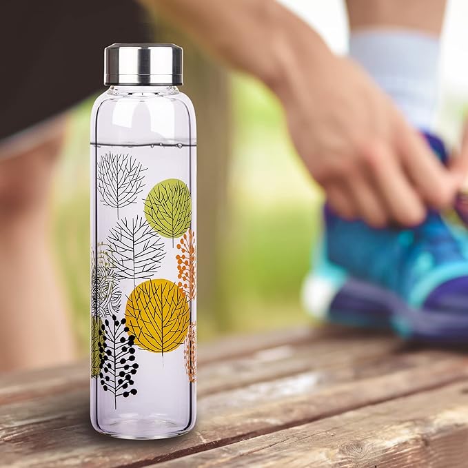 Borosilicate Glass Water Bottle, Sports Glass Drinking Bottle with Neoprene Sleeve and Stainless Steel Lid 16oz / 32oz (16oz, Forest)