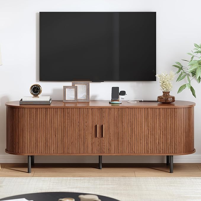 63" TV Stand with Power Outlet, Modern Media Console with Sliding Doors, Entertainment Center for TVs up to 60 Inch, Adjustable Shelves, Walnut