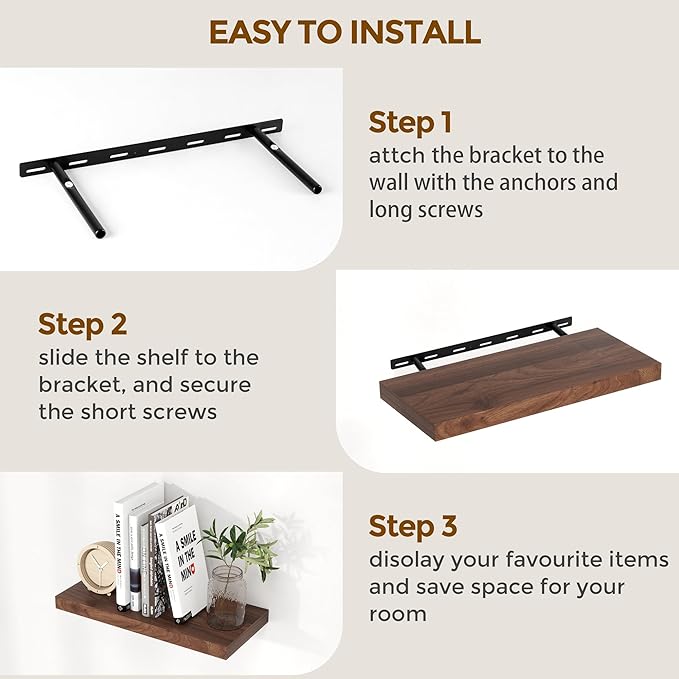 24 x 9 Floating Shelves, 9 Inch Deep Floating Shelf Wall Mounted, 24 Inch Bathroom Shelves Set of 2, Rustic Wood Wall Shelf for Bedroom, Living Room, Walnut Color