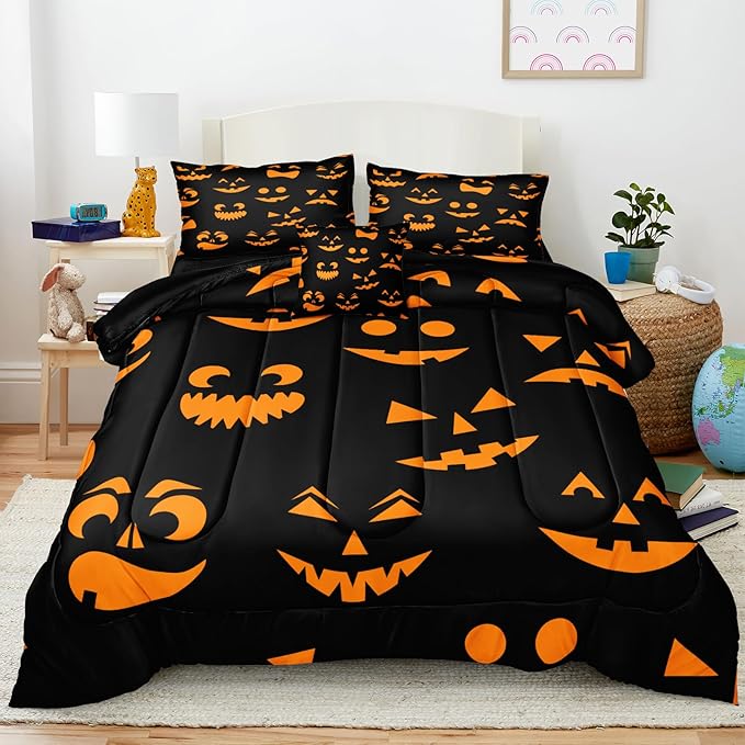 Bedbay Halloween King Comforter Set Black Orange Ghost Bedding Set for Kids Boys 4 Pcs Soft and Breathable Comforter Halloween Room Decor(Orange,King)